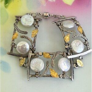 Vintage 90s Modernist Donna Burdic Bracelet Coin Pearls Sterling Gold Leaves